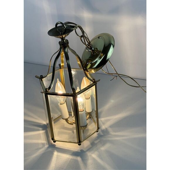 Vintage MCM American Lantern Co Pendant Ceiling Lamp Brass Glass 6 Panel 3 Light - Picture 12 of 12